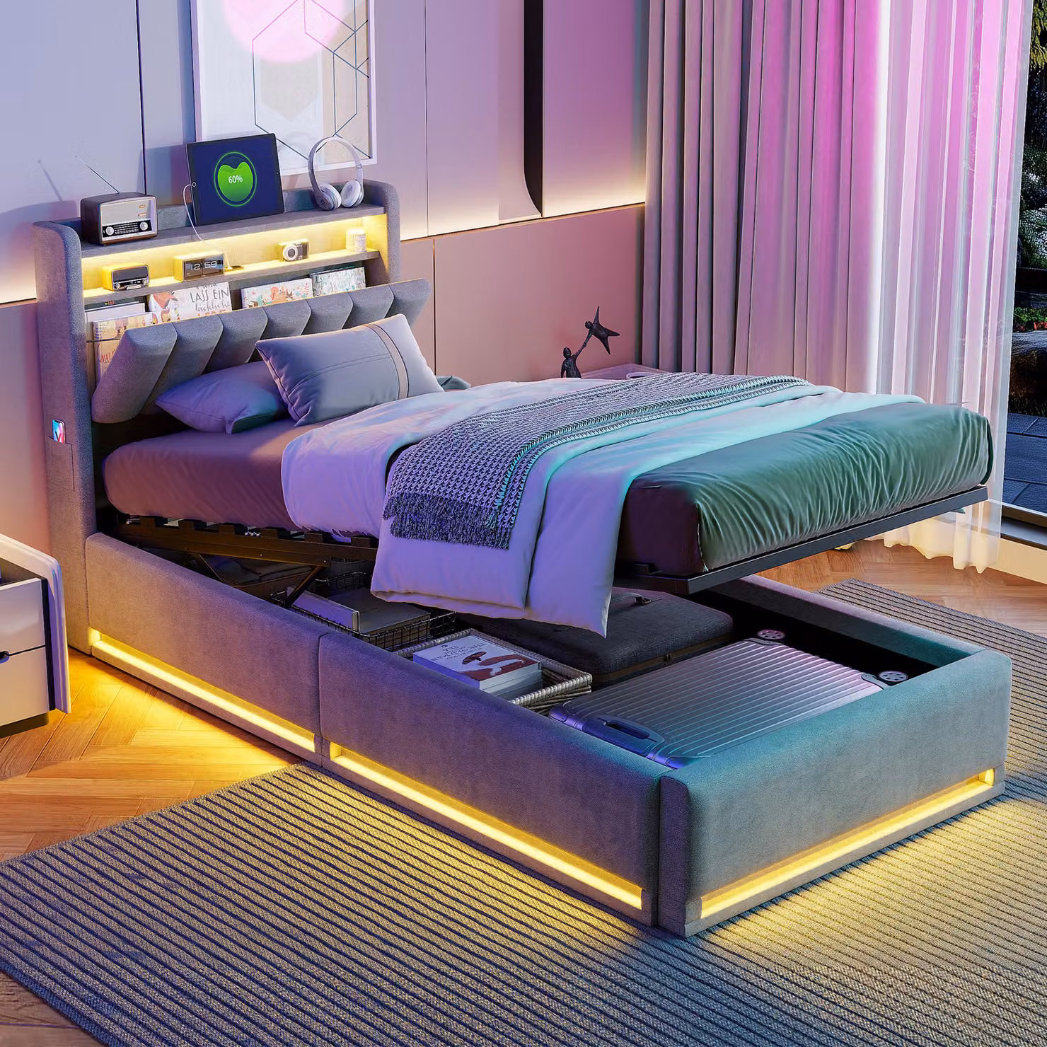 ProximaX Confortevole letto a pressione a gas in velluto 90x200 cm con illuminazione a LED, porta USB e spazio di archiviazione - perfetto per camere da letto e piccoli appartamenti