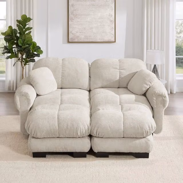 Divano 2 posti con poggiapiedi ¨C Minimal ¨C chenille trapunto, cuscini imbottiti, colore beige chiaro
