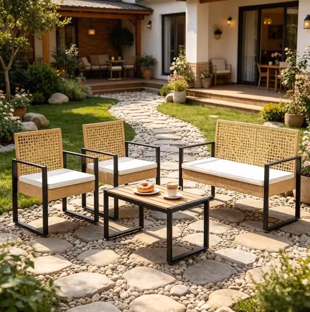 Set da giardino in PE rattan effetto legno naturale con divano 2 posti; 2 poltrone e tavolino