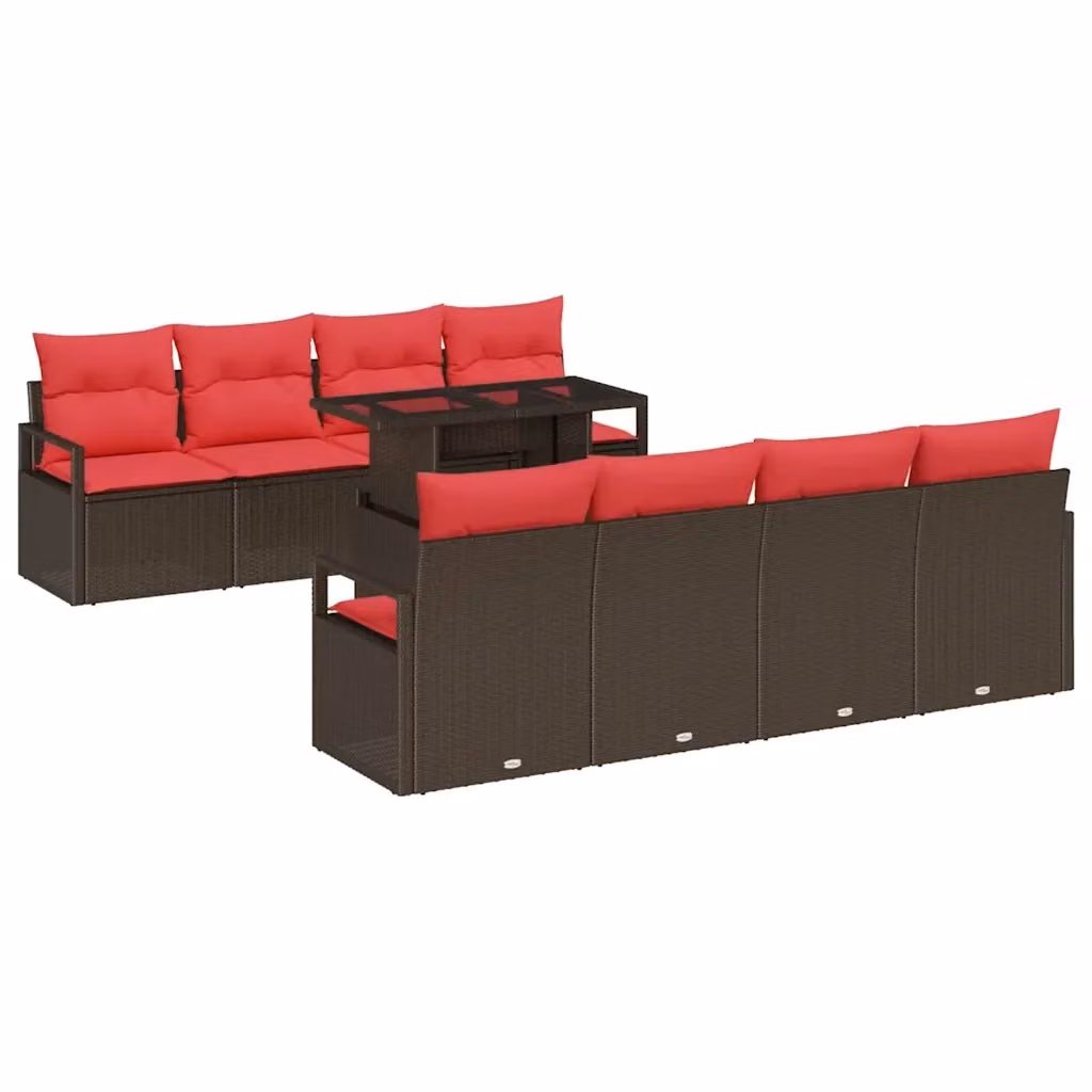 Set Divano da Giardino Moderno vidaXL in Rattan e Metallo, 9 Pezzi, Marrone e Rosso – 2