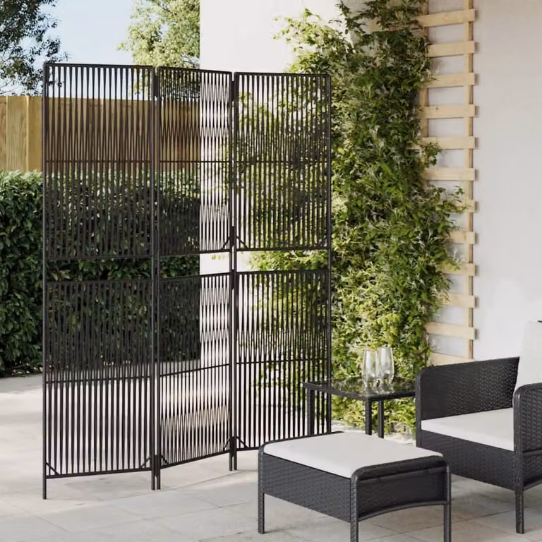 Divisorio per ambienti vidaXL a 3 pannelli in polyrattan nero con struttura in metallo H: 180 cm, L: 147 cm, P: 3 cm