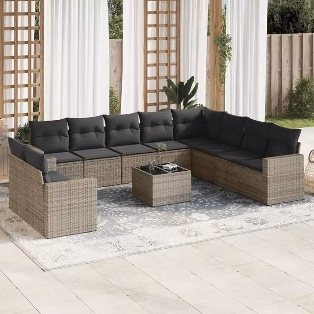 Set di divani da giardino VIDAXL in polyrattan grigio con 11 pezzi e cuscini