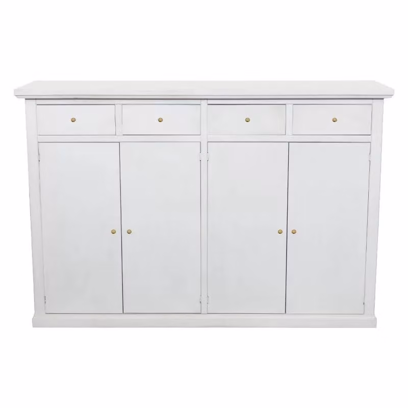 Madia credenza in legno di pino stile shabby chic bianco anticato con 4 porte e 4 cassetti Mobili 2G L: 160 cm, P: 35 cm, H: 110 cm – 1
