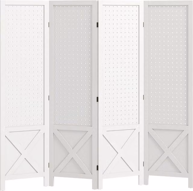 Paravento interno HOMCOM a 4 pannelli forati in legno, divisore di ambienti pieghevole moderno, Bianco, H: 144,5 cm, L: 152 cm, P: 1,7 cm – 1