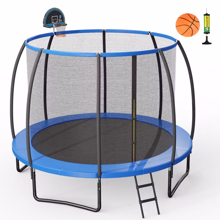 Trampolino elastico da esterno Costway blu con anello da basket, rete di sicurezza e pompa inclusi