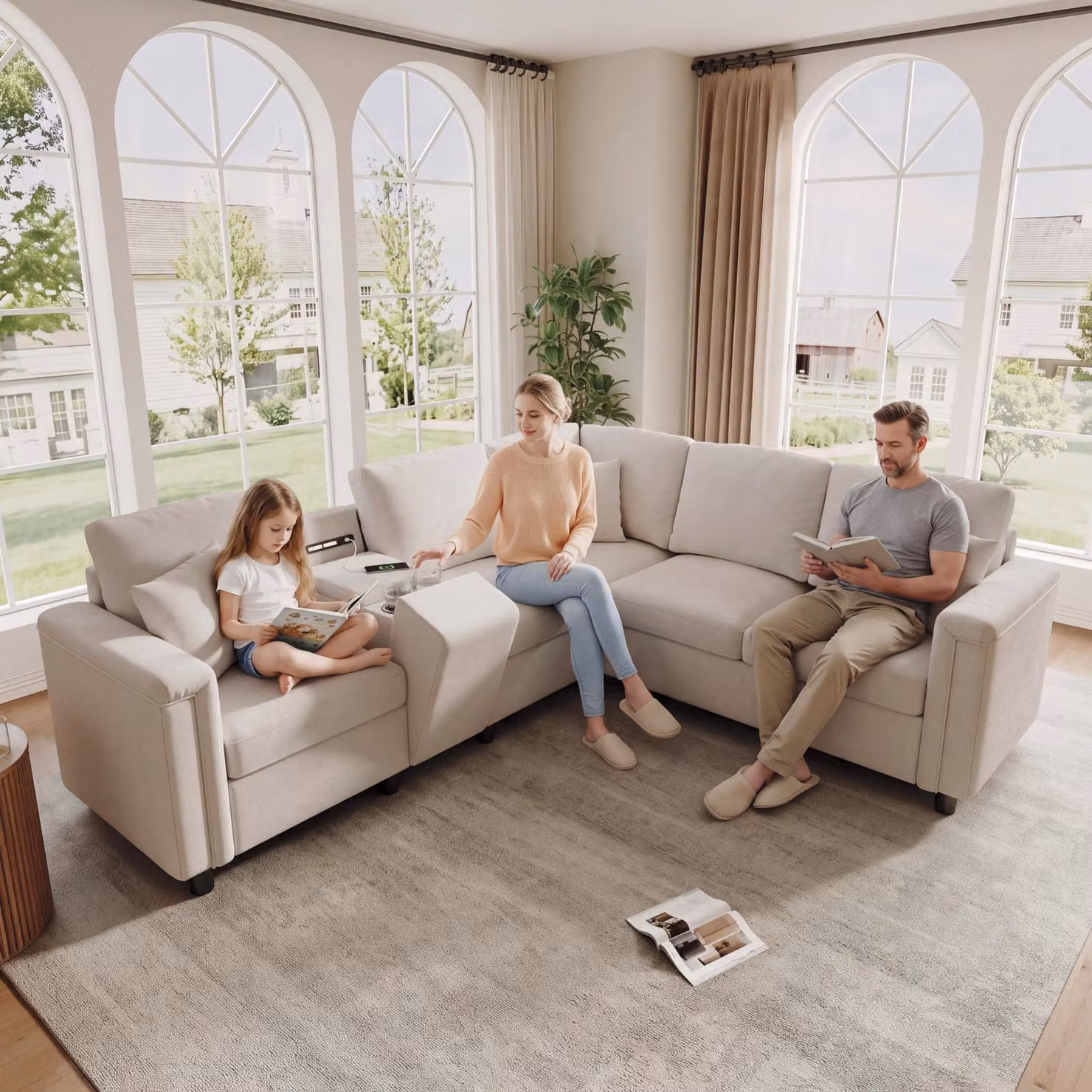 Divano angolare a forma di L in tessuto chenille, dimensioni 235x208x83 cm, 5 posti, color beige, con consolle contenitore, porte USB/Type-C e luci da lettura, ideale per il soggiorno