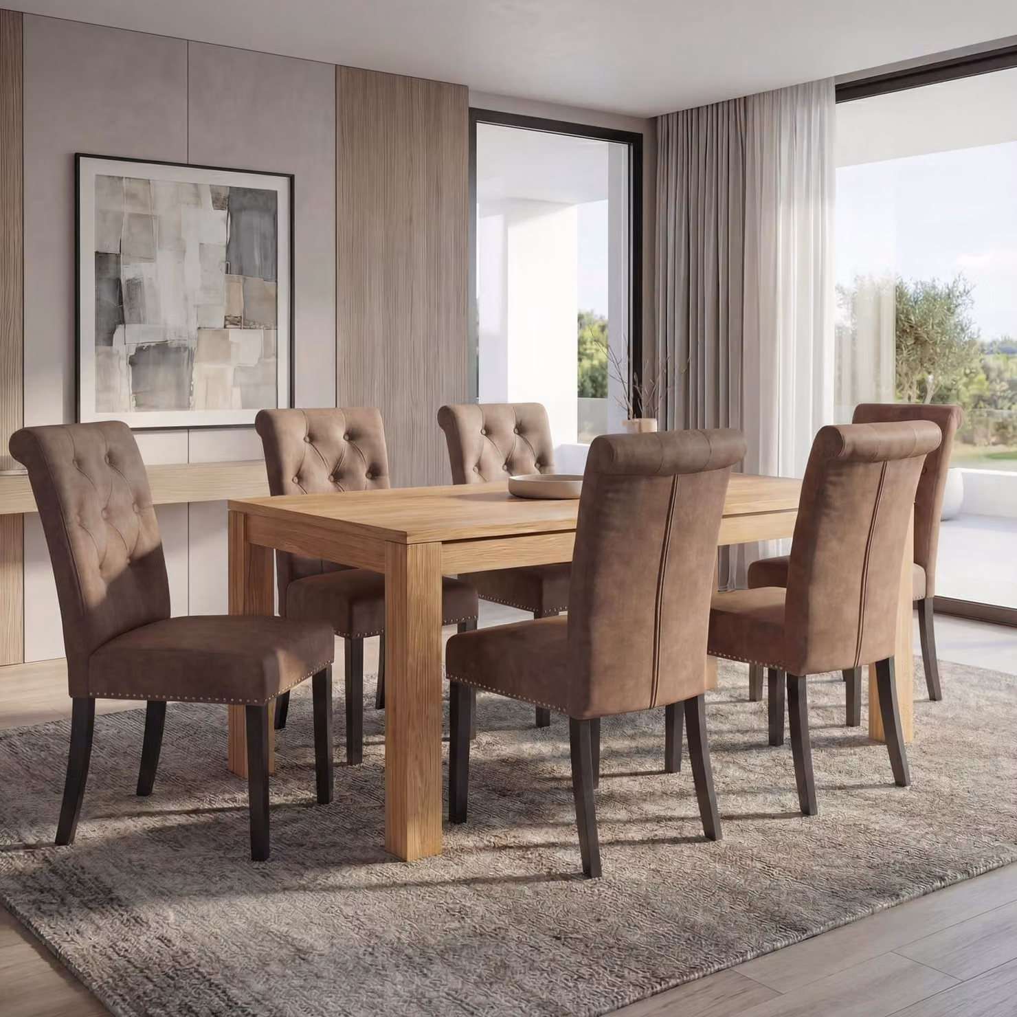 set di 6 sedie per sala da pranzo Chesterfield II, sedia da cucina, rivetti ~ tessuto/tessuto marrone, gambe scure