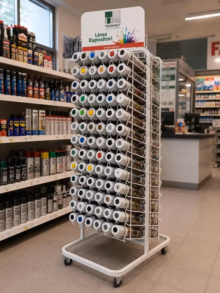 Espositore bifacciale per 264 bombolette Tecnokit in acciaio bianco H: 190 cm, L: 48 cm, P: 50 cm – 2