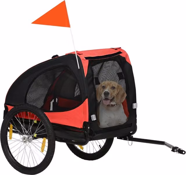Rimorchio per bici per cani pieghevole in tessuto Oxford e metallo, carrello per animali resistente all'acqua, rosso, 140 x 71 x 83 cm