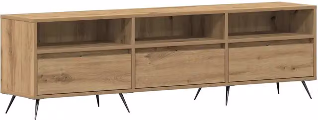 Mobile TV minimalista in rovere e metallo marrone con scomparti multimediali L: 150 cm, P: 30 cm, H: 44,5 cm