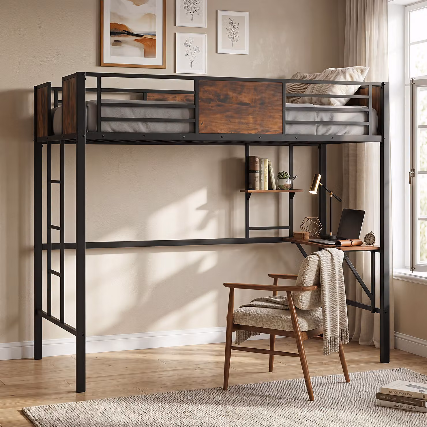 Letto a soppalco salvaspazio Costway in metallo nero con scrivania, libreria e scala a 3 gradini in stile industriale