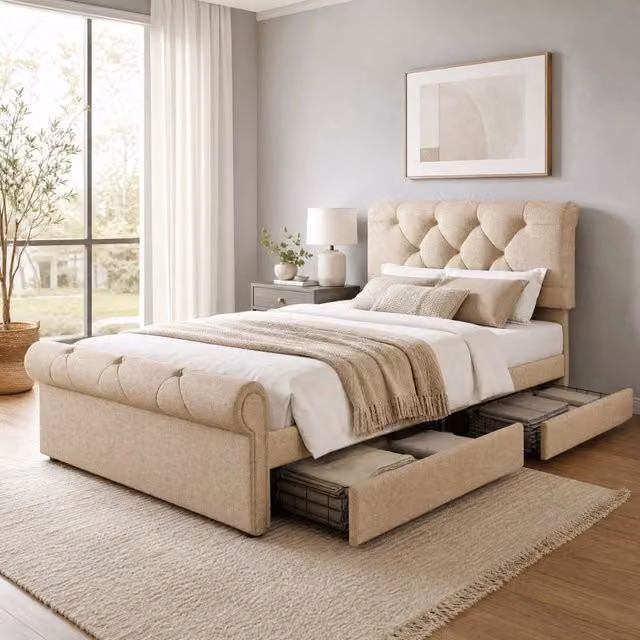 Letto singolo imbottito 90x200 cm con 2 cassetti e testiera regolabile; naturale