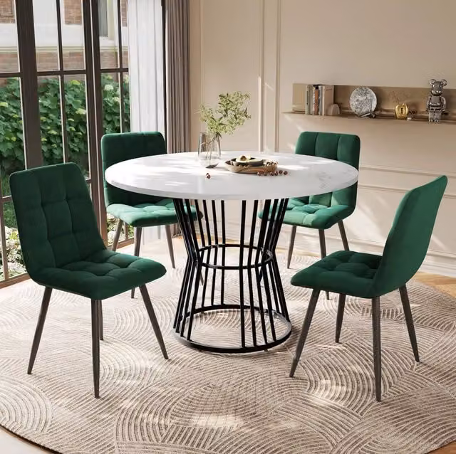 Set da pranzo 5 pezzi, tavolo rotondo 100 cm MDF bianco, sedie verdi in velluto
