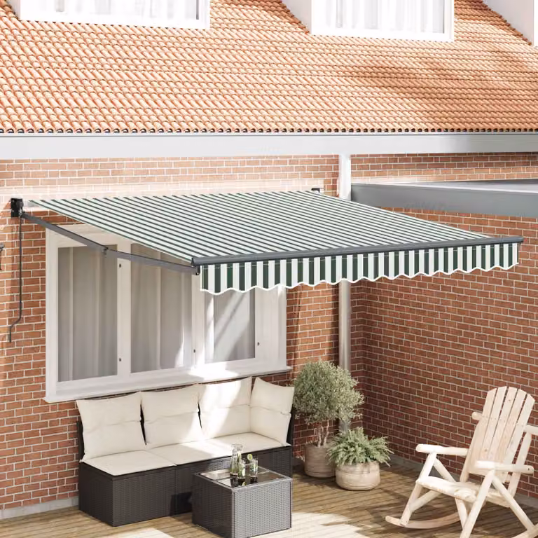 Tenda retrattile vidaXL con bracci pieghevoli in alluminio e tessuto in poliestere, Verde e Bianco, L 300 x P 250 x H 165 cm