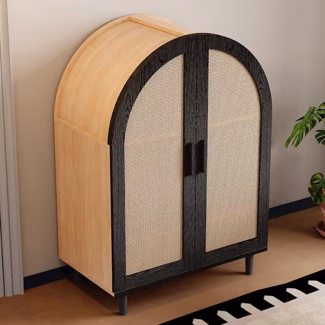 Mobile porta scarpe moderno con ante in rattan e ripiani interni, finitura opaca, colore nero o marrone, L: 100 cm, P: 40 cm, H: 40 cm – 1