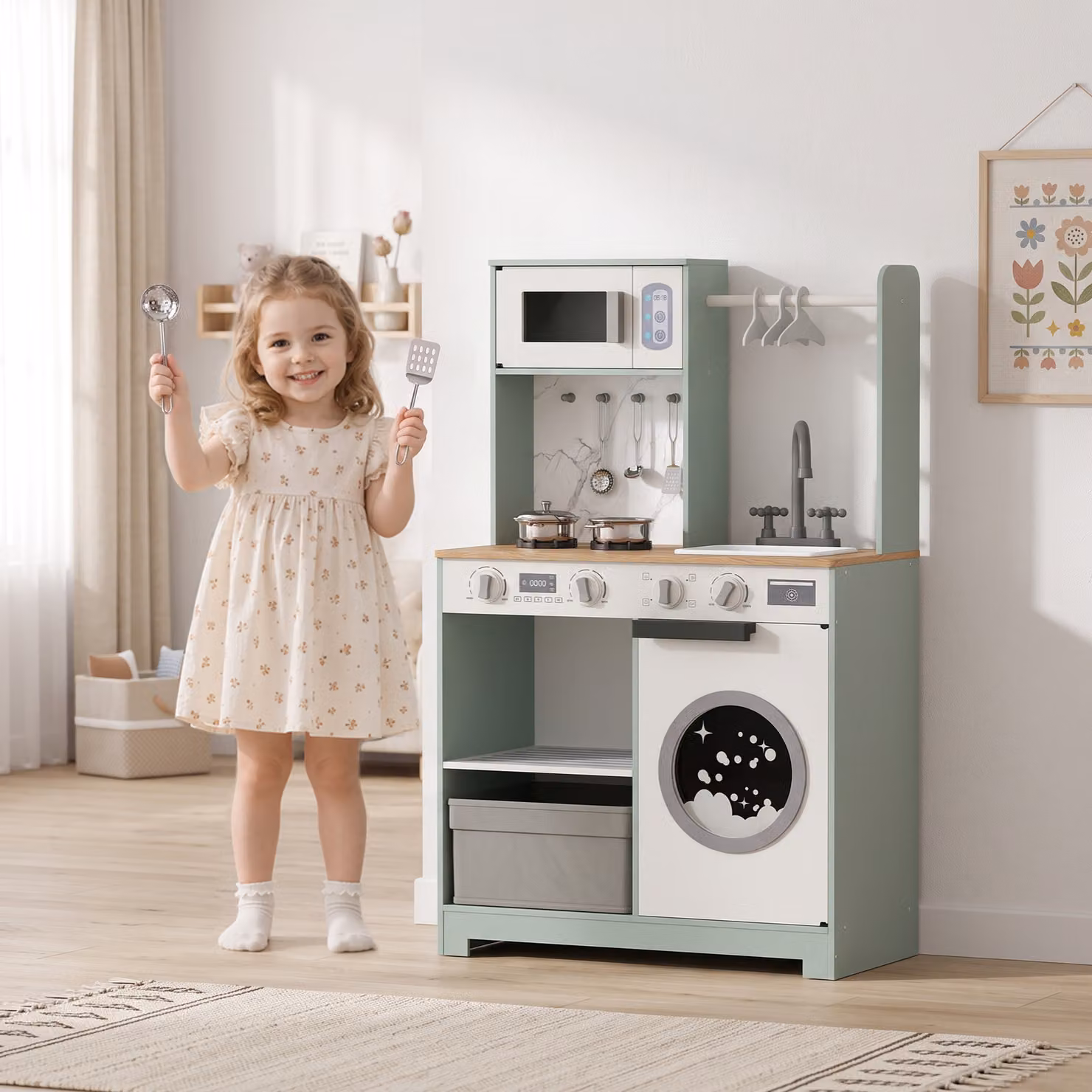 Cucina giocattolo AIYAPLAY per bambini con fornello, lavello, microonde e 5 accessori, Verde – 2