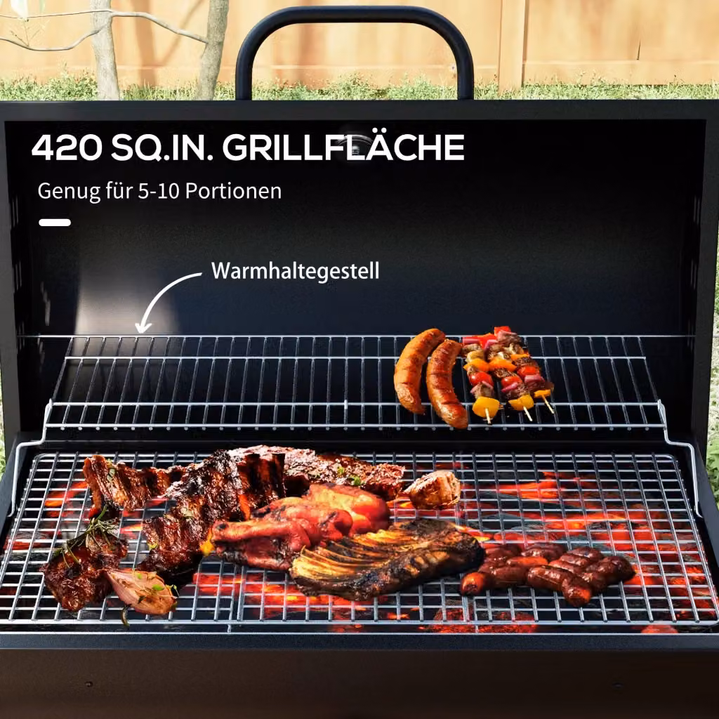 Barbecue a carbonella con coperchio REDOM in metallo nero con termometro, griglia riscaldante e ruote, L: 95 cm, P: 71,5 cm, H: 102 cm – 2