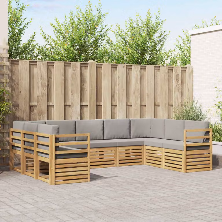 vidaXL Set di divani da esterno a L in legno di acacia con cuscini, Bianco, Grigio e Marrone