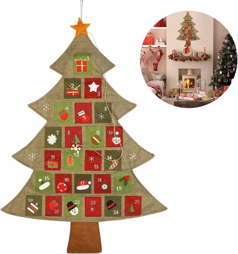 Calendario dell'Avvento, albero di Natale, conto alla rovescia per Natale. Dimensioni: 64 cm di altezza, 89 cm di larghezza