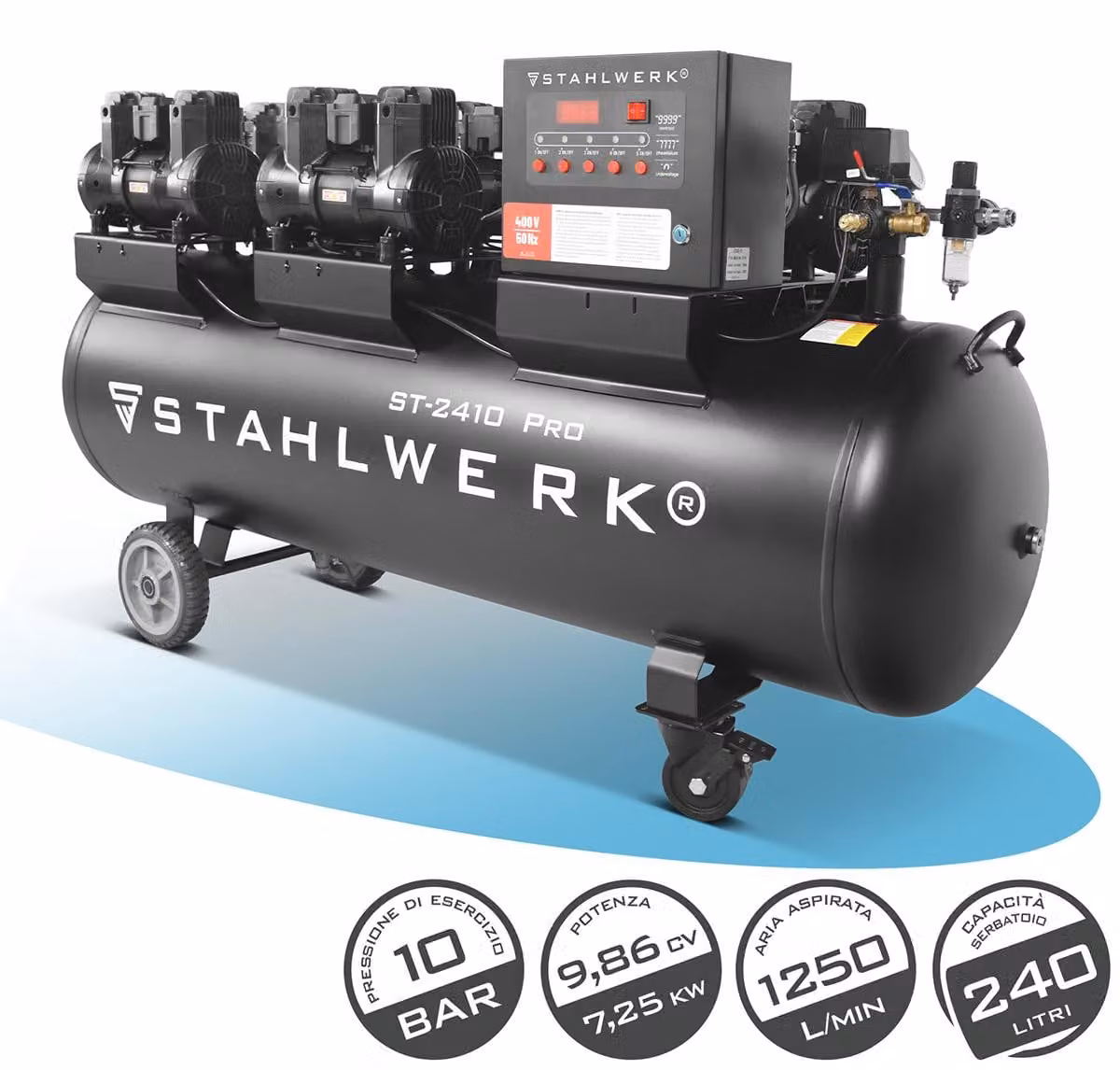 Compressore STAHLWERK 10 bar 240 L 9,86 HP 7,25 kW 1250 l/min Compressore per aria compressa