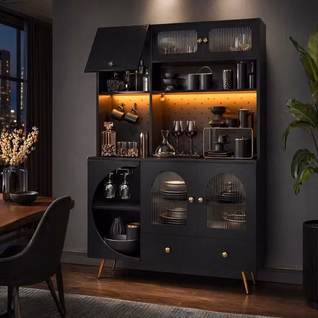 Mobile alto da cucina ULEVR 120x40x176 cm con LED, 2 prese AC e 2 USB, cassetto, pannello forato, nero