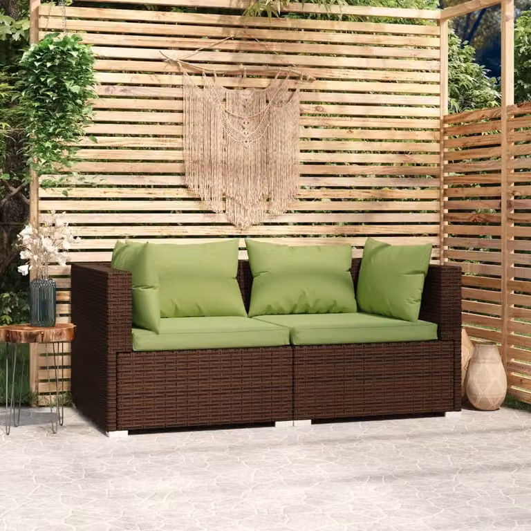 The Living Store Divano a 2 posti con cuscini in poly rattan marrone
