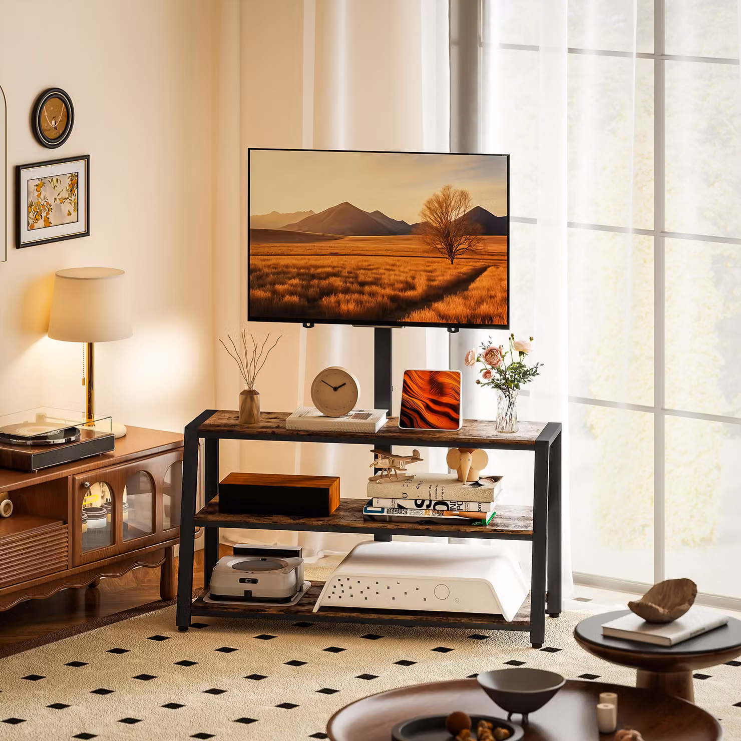 Mobile TV HOMCOM con supporto per televisori da 32-70 pollici, ripiani aperti e angolo regolabile 35°, marrone, L 108 x P 41 x H 135 cm – 2