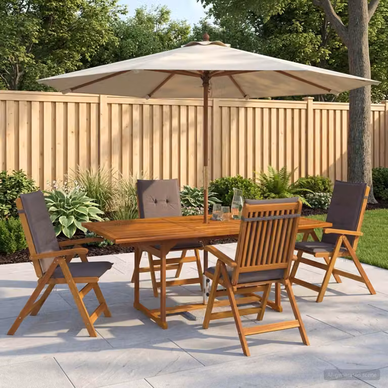 Set da pranzo da giardino vidaXL in legno di acacia naturale composto da 5 pezzi con tavolo rettangolare estensibile e sedie