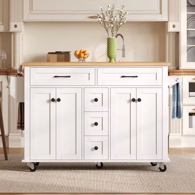 Carrello cucina multifunzionale WISHDOR bianco con piano allungabile, 5 cassetti, armadietti, porta spezie e porta asciugamani in legno e MDF, H: 89 cm, L: 140 cm, P: 65 cm