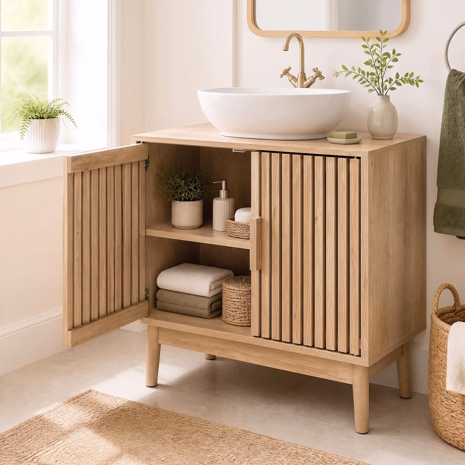 Costway Mobile da bagno sottolavabo salvaspazio con 2 ante e 2 ripiani, design moderno in legno color marrone e beige