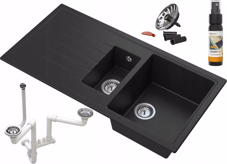 Granitan - Lavello in granito - Lavandino 99,5x49,8 cm - Lavello cucina nero - con sifone - Solaria