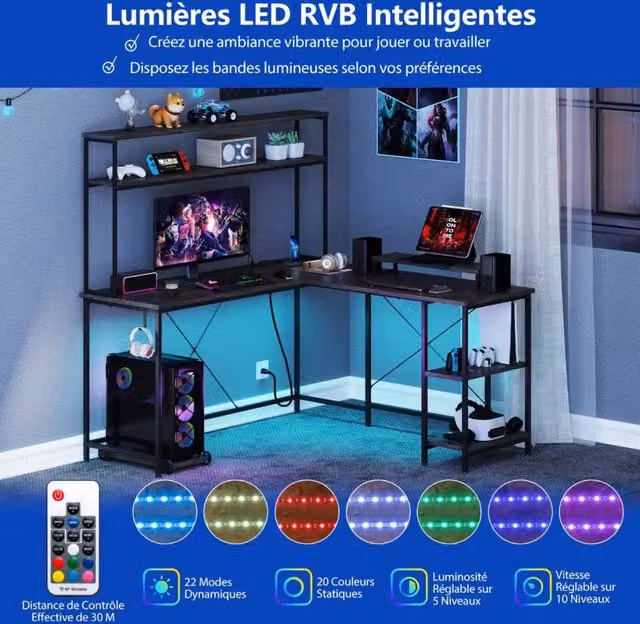 Scrivania angolare da gaming a L grigia con striscia LED prese elettriche e supporto monitor reversibile robusta