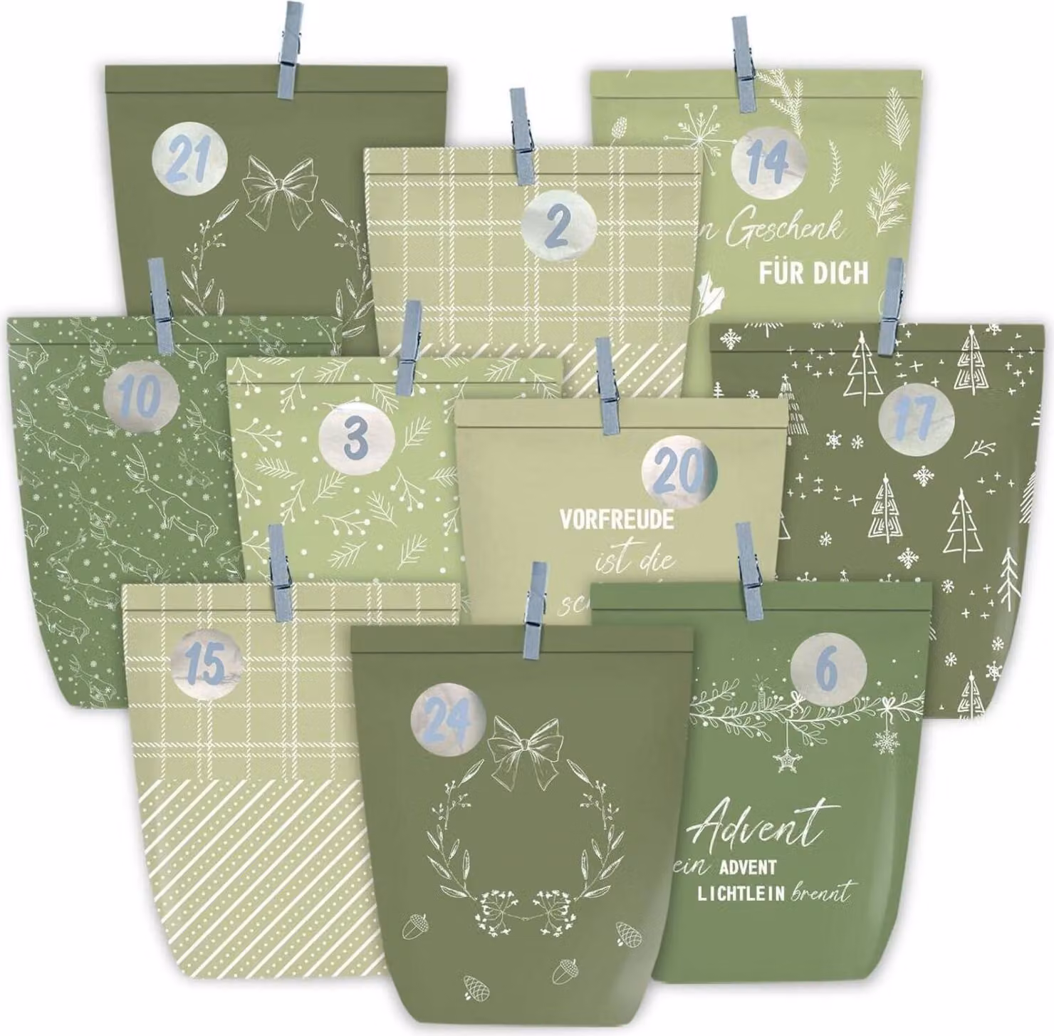 Calendario dell'Avvento in carta kraft da riempire e decorare, sacchetti natalizi verdi