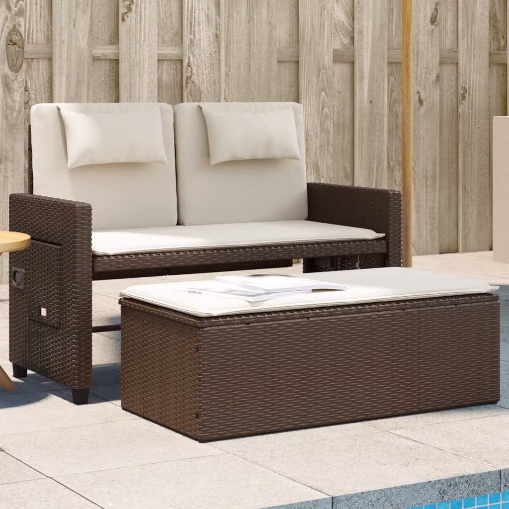 vidaXL Panca Reclinabile da Giardino in Polyrattan e Metallo con Cuscini Marrone e Bianco