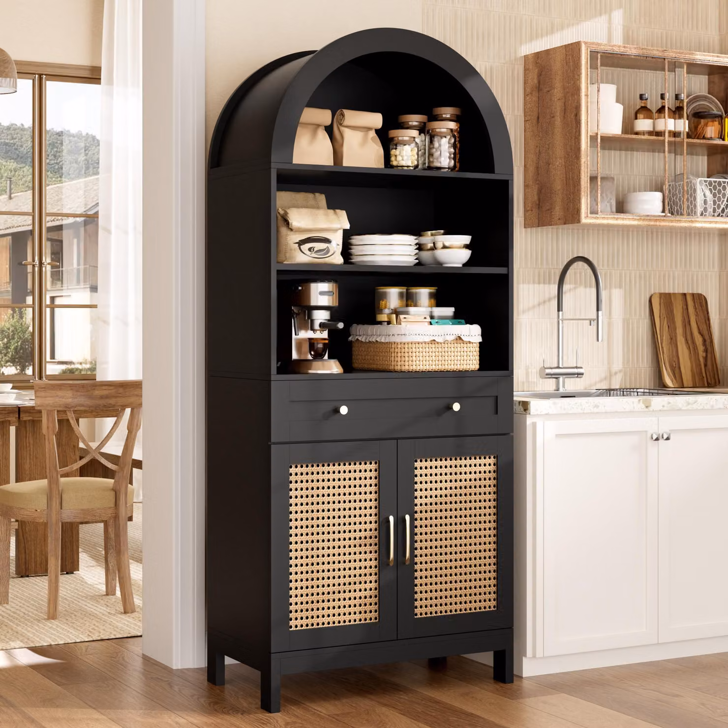 Armadi moderni, altezza 170 cm, con ante in rattan, mobile contenitore con 2 ante e 1 cassetto, credenza 70x40x170 cm, finitura nero e effetto legno