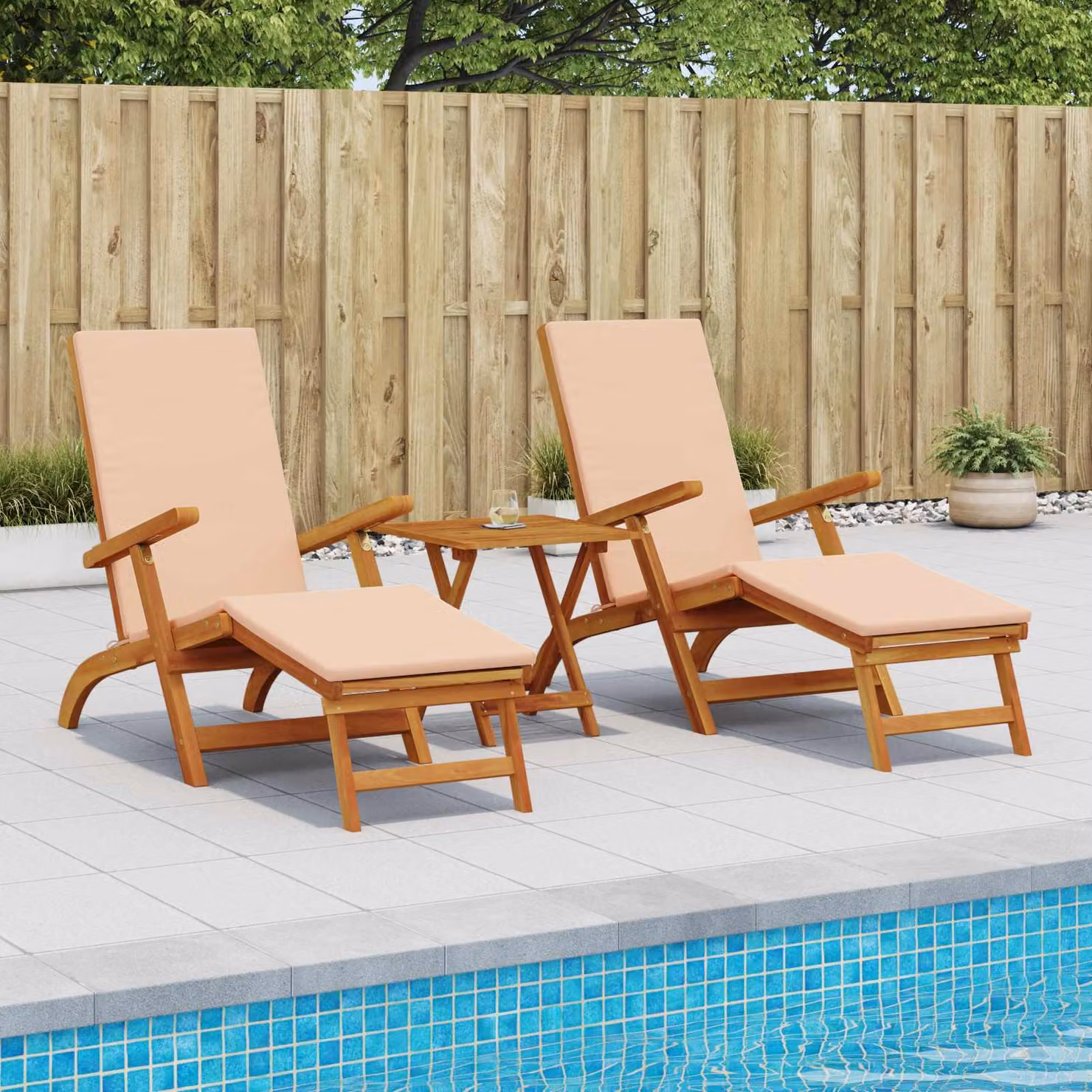 Set di 3 lettini prendisole vidaXL reclinabili e pieghevoli in legno di acacia beige e marrone