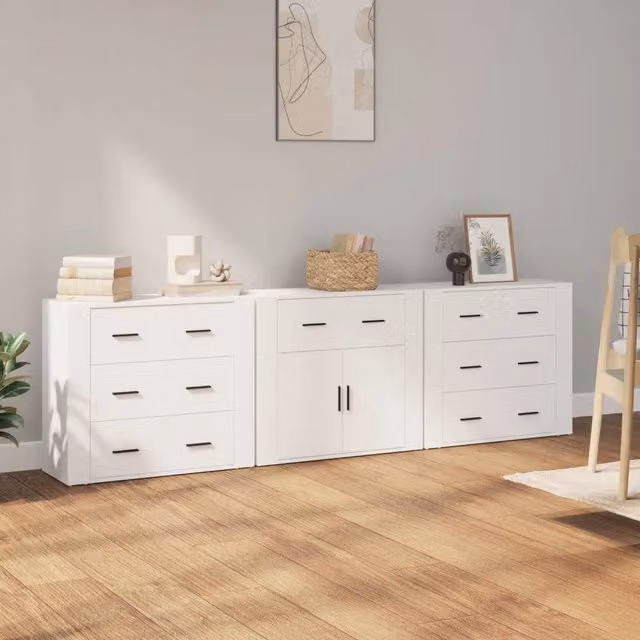 Set di 3 credenze vidaXL in legno multistrato bianco opaco per sala da pranzo