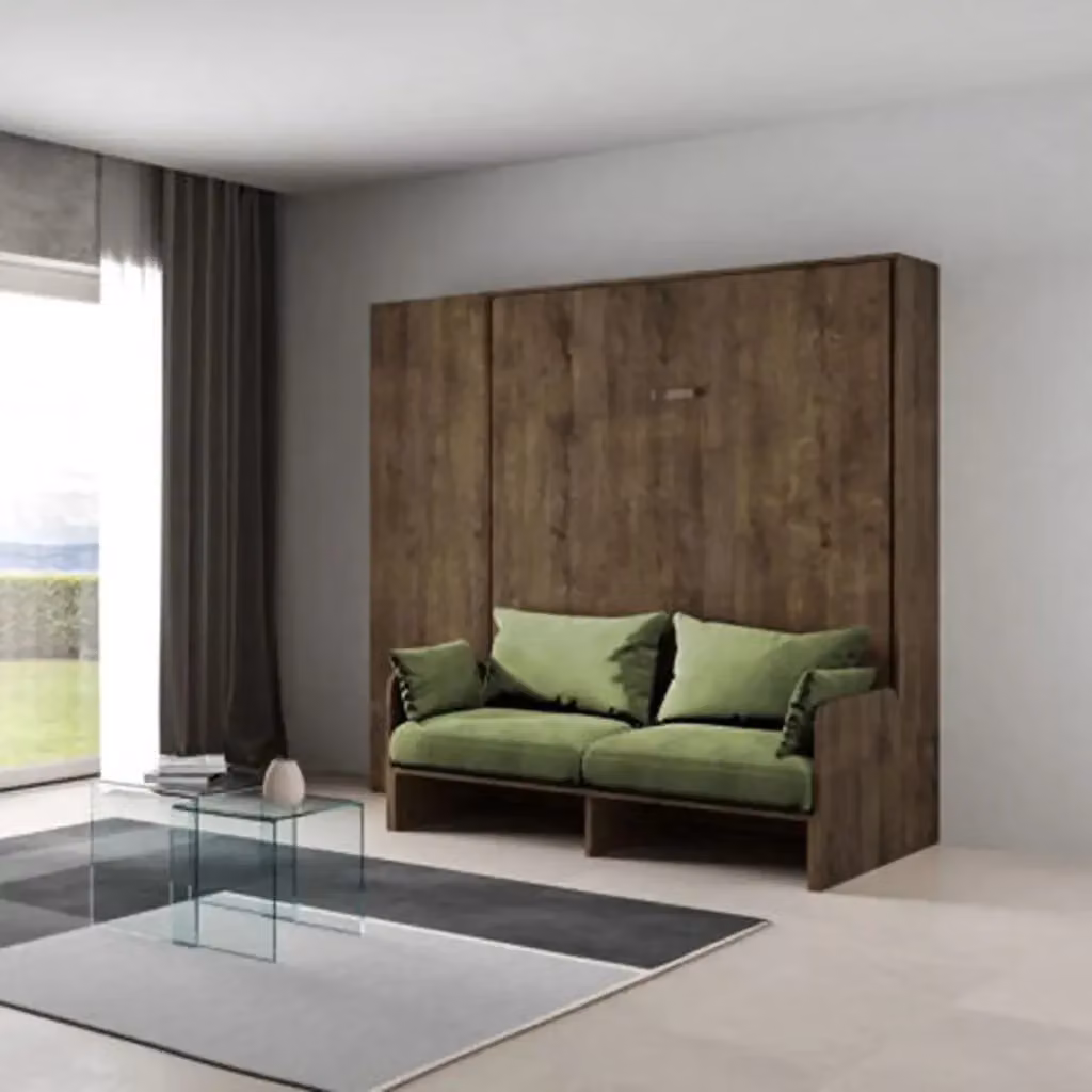 Letto matrimoniale a scomparsa Kentaro Itamoby con divano e colonna, colore noce e verde, L/P/H: 215 x 160 x 173,6 cm – 2
