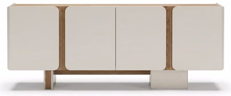 Mobile bar moderno bianco in legno, con dettagli naturali, per l'arredamento della sala da pranzo e per aumentare lo spazio di stoccaggio