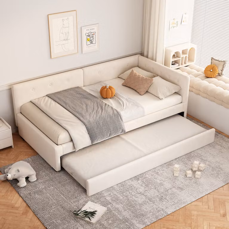 MODFU Letti pieghevoli Letto imbottito 90x200 cm con letto a rotelle 90x190 cm, Letto singolo Letto da giorno Daybed, Beige (senza materasso)