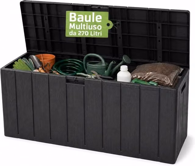 Baule Multiuso Zendea in Resina con Effetto Legno Rustico per Interno ed Esterno, Disponibile in Antracite, Marrone o Nero