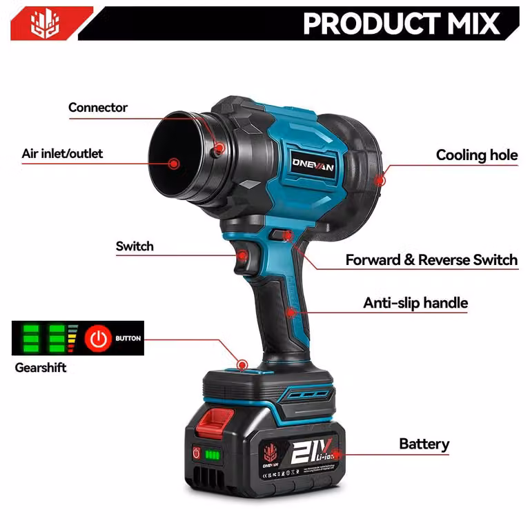Soffiatore a batteria per foglie - Potente sistema di ventilazione - 3500 W - 350 m/s - Motore brushless - 6 velocità - 2-in-1 - 1 batteria inclusa