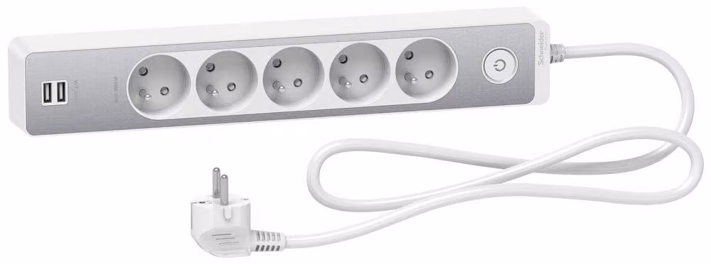 Ciabatta multipresa con cavo, 5 prese + 2 porte USB, lunghezza 1,5 metri, marca SCHNEIDER ELECTRIC, colore bianco/alluminio