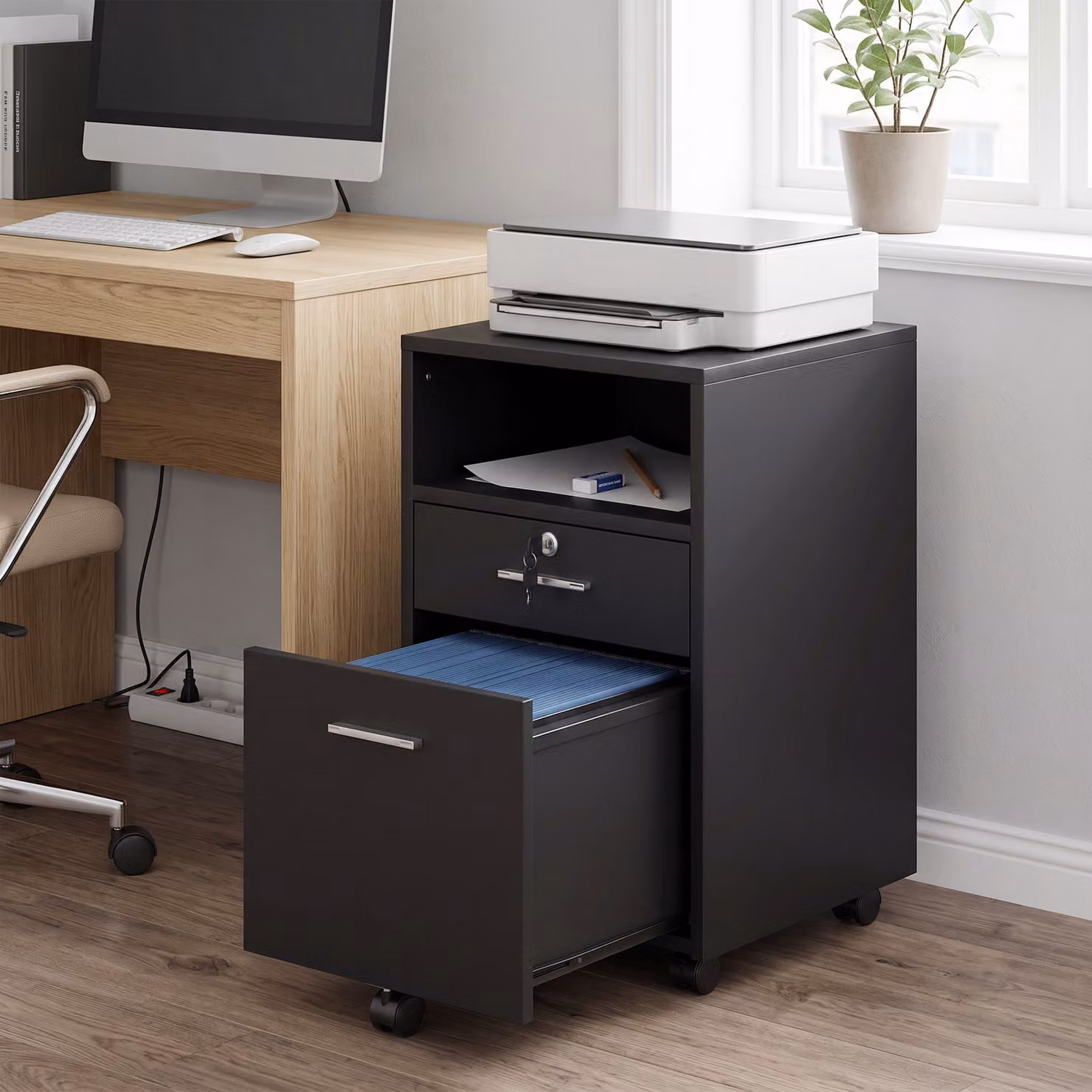Cassettiera da ufficio Aosom con 2 cassetti bloccabili e 5 ruote, nero, L/P/H: 40 x 40 x 65 cm – 2