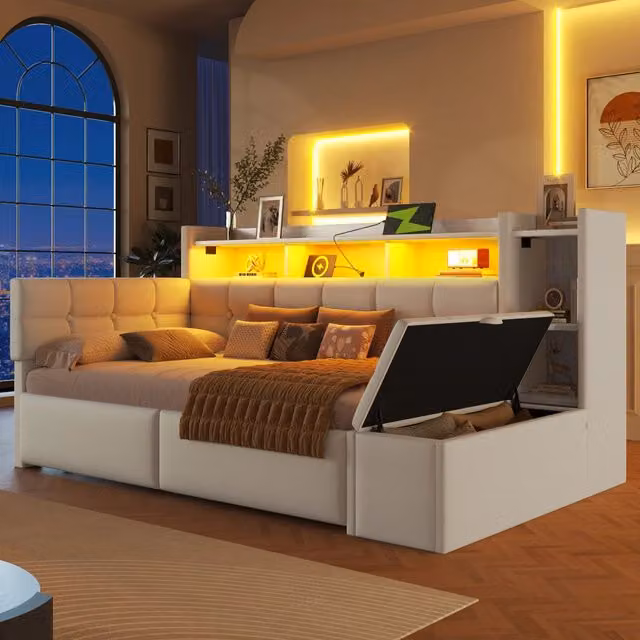 Daybed 90x190 cm in velluto bianco con 2 cassetti; LED; USB e porta Type-C