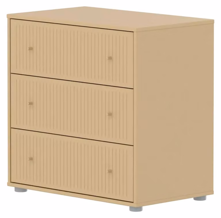 Flexa Cassettiera SAGA a 3 cassetti con frontali scanalati, colore beige sabbia, finitura avena, pomelli in metallo