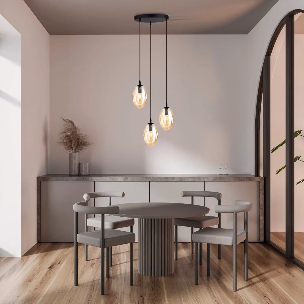 Lampadario a sospensione Emibig Astral in vetro color miele e metallo nero, dimmerabile, con 3 lampadine E14, Altezza: 100 cm, Larghezza: 40 cm, Profondità: 40 cm – 2
