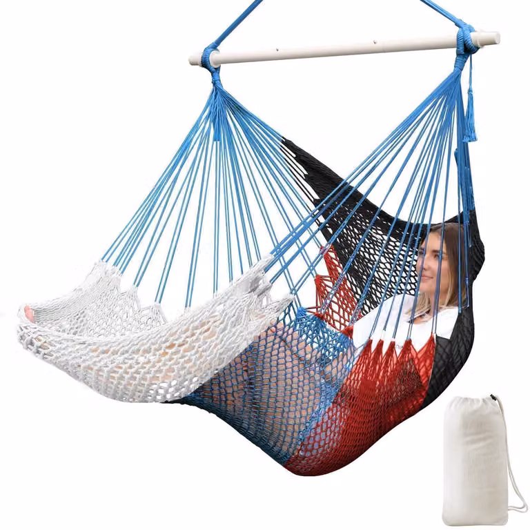 Sedia a dondolo sospesa, realizzata a mano con rete in cotone, corda morbida, seduta confortevole, tinta unita, elasticizzabile, pieghevole, dimensioni 240x80 cm, disponibile nei colori nero, rosso, blu e bianco