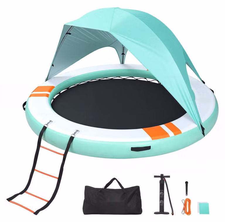 Zattera gonfiabile - Piattaforma galleggiante rotonda Ø 305 cm - Superficie antiscivolo - Tettuccio parasole - Scaletta rimovibile - Borsa per il trasporto - Per piscina, lago e mare