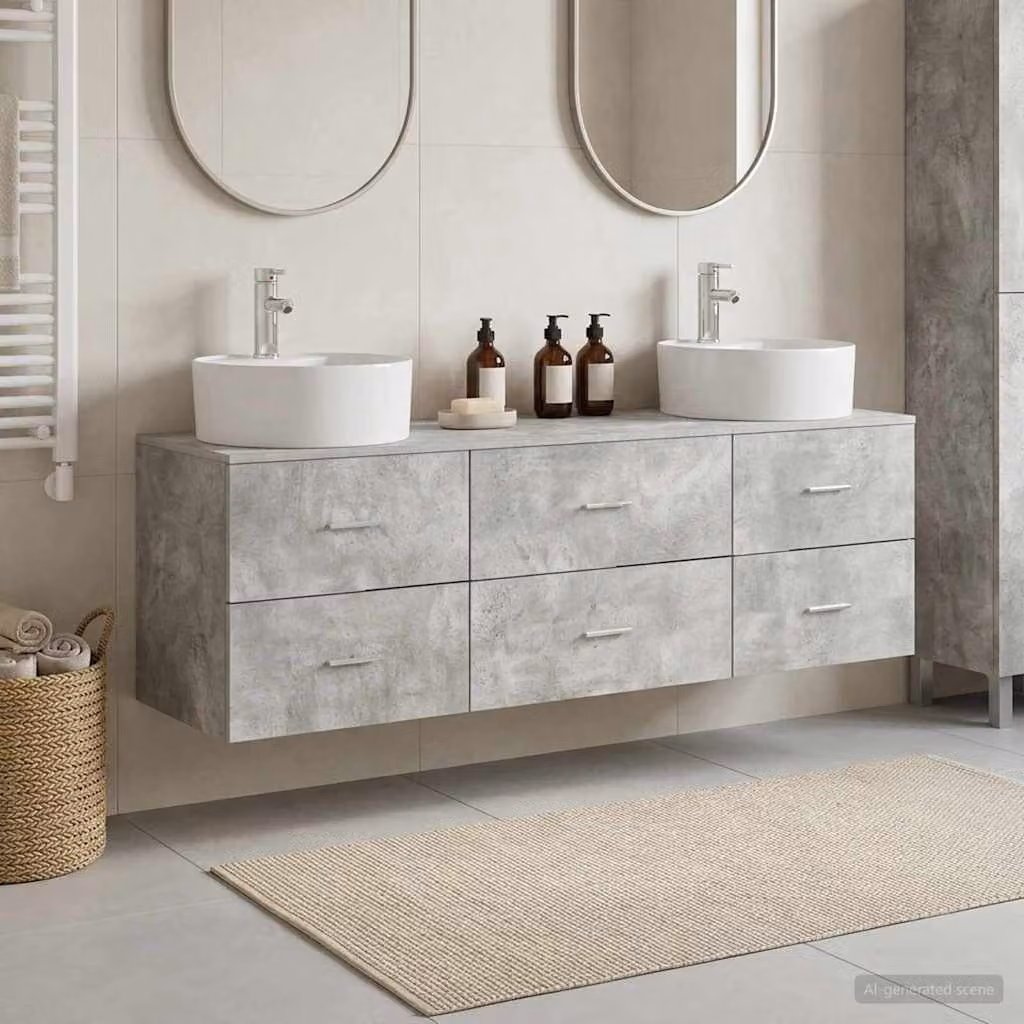 Set di 3 mobili da bagno moderni vidaXL in MDF grigio, comprensivo di base lavabo e pensili, L 161 x P 44,5 x H 76 cm